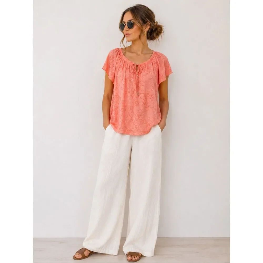 Street One Peach Burnout Paisley Print Tie Neck Top US 12/GB 16 Short Sleeve